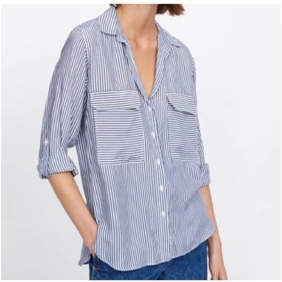 Zara Blue White Striped Viscose ButtonDown Collared Blouse, Sz S, Parisian Style - Picture 5 of 15